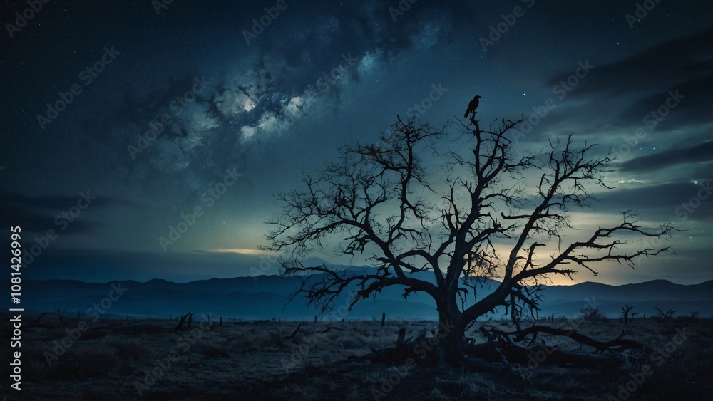 Fototapeta premium a bird perched on a dry tree at night