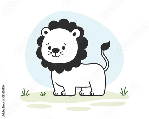 Lion standing in savannah children coloring book style vector illustration