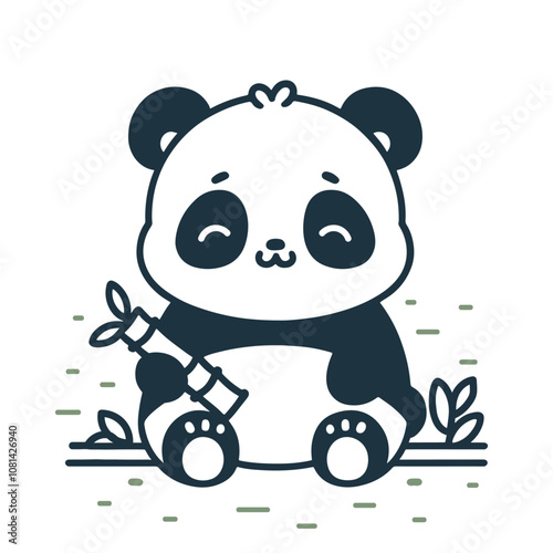  Panda sitting holding bamboo shoot adorable children coloring book style vector illustration