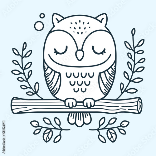 Owl sleepingon a branch, simple children coloring book style vector illustration