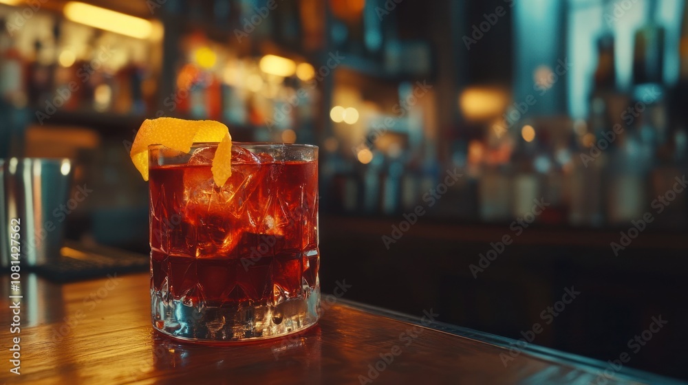 Exquisite Negroni cocktail with vibrant colors, garnished with orange peel, set on a wooden bar with low lighting Exquisite Negroni cocktail with vibrant colors, garnished with orange peel, set on a wooden bar with low lighting