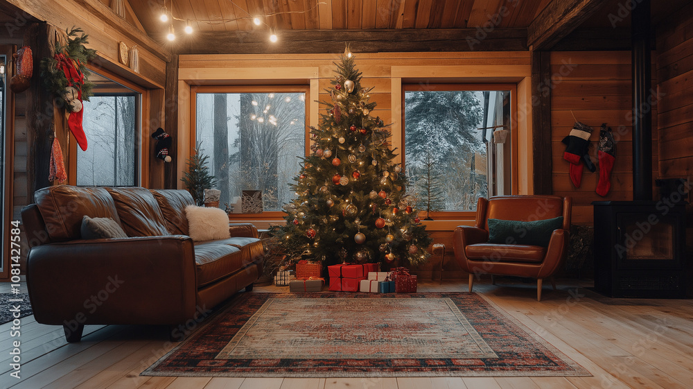 Fototapeta premium Decorated Christmas tree on a glamorous background inside a rustic wooden house 