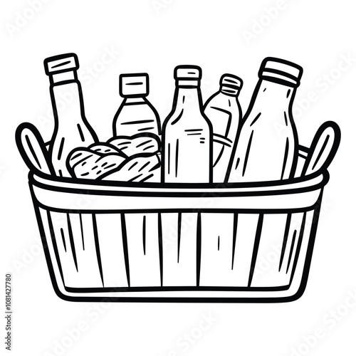 Basket Filled with Fresh Produce and Bottled Goods