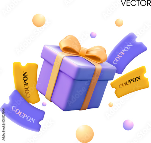 3d flying coupons with big gift box in minimal style, isolated on white background. Gift coupon with percentage price off banner template vector. Vector illustration