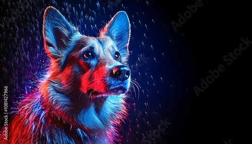 A powerful, glowing dog with blue and red sparks and rain decorations. copy space for text photo