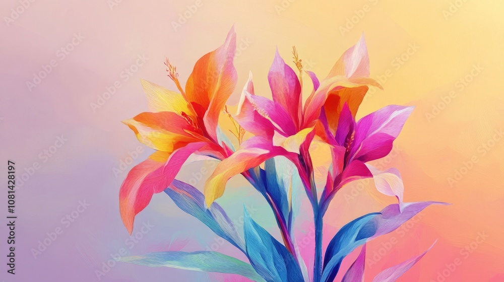 Abstract bouquet of tropical flowers in bright colors, set against a soft gradient background for a vibrant feel Abstract bouquet of tropical flowers in bright colors, set against a soft gradient background for a vibrant feel