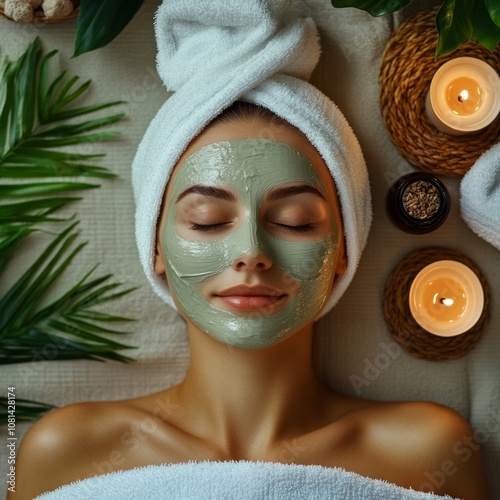 Woman relaxing with a facial mask, surrounded by spa essentials like candles, plants, and essential oils, pure tranquility photo