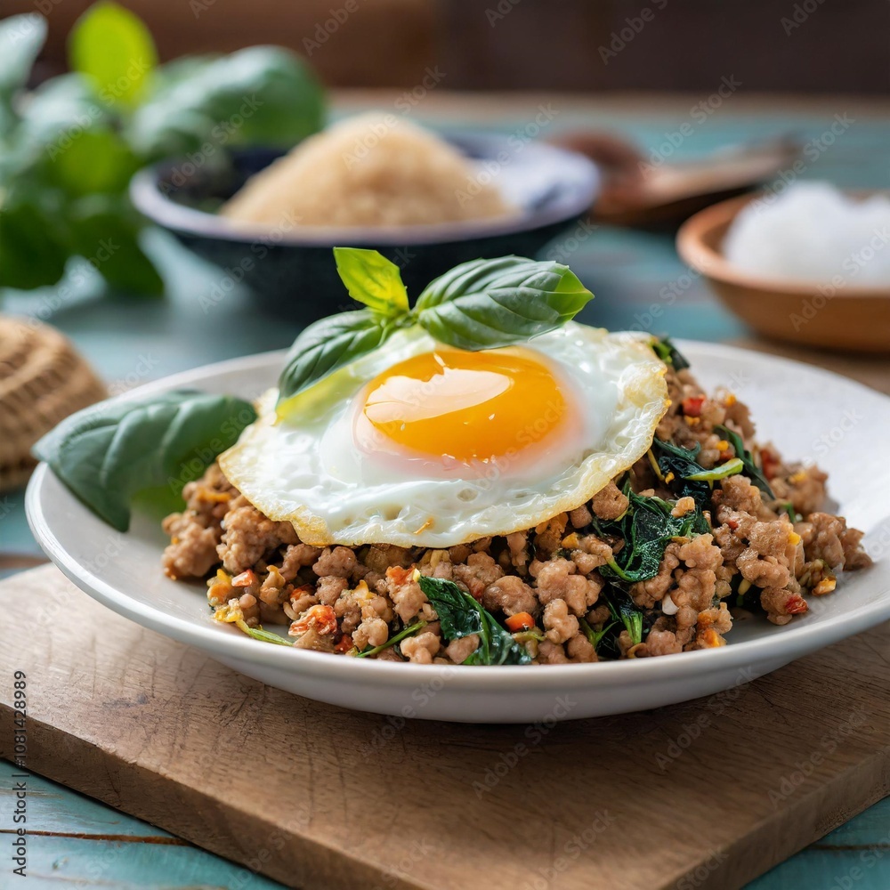 Phat Kaphrao Stir-Fried Minced Pork with Holy Basil and Fried Egg, Served in a Street Food Style Setting with Bold Flavors and a Casual Thai Vibe