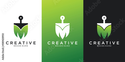 Gardener logo design, spade vector icon and letter m leaf shape. Premium Vector
