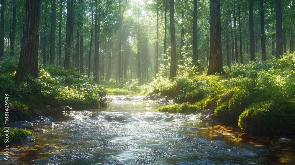 Here's a description and keywords for your stock photo.. Sunlit stream flows through lush green forest. Here's a description and keywords for your stock photo.. Sunlit stream flows through lush green forest.