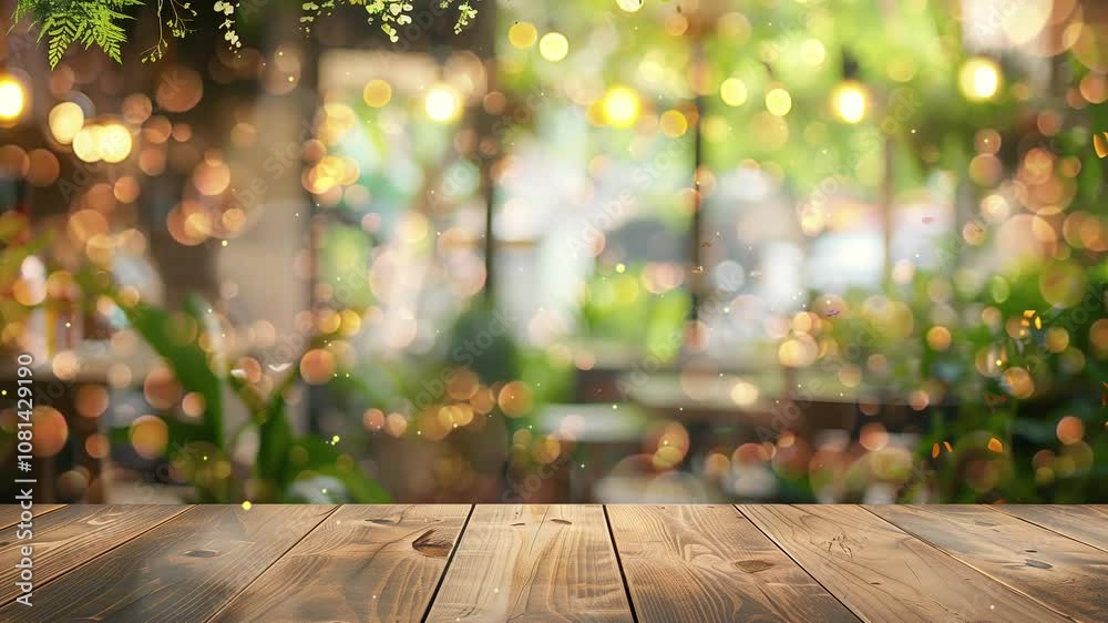 empty wooden table top with green garden at cafe seamless looping overlay 4k virtual video animation background