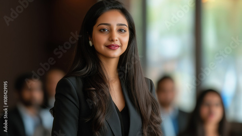 Professional South Asian businesswoman in black blazer smiling confidently in corporate office setting with soft window lighting and blurred colleagues in background.