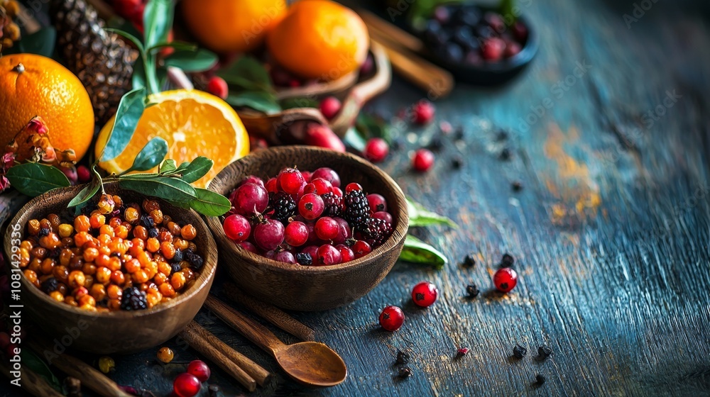 Rustic display of vibrant berries and citrus fruits on wooden table Rustic display of vibrant berries and citrus fruits on wooden table