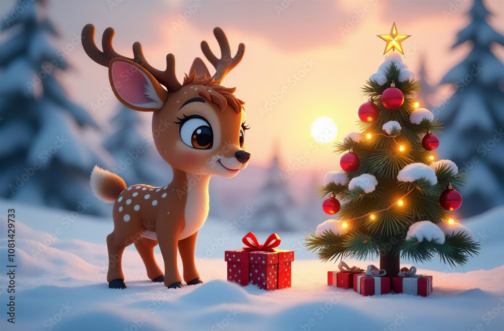 Fototapeta premium Young Christmas Deer card. New Year's card