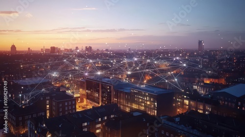 Wallpaper Mural Smart Grids and Sustainable Energy Storage, A cityscape at dusk with smart grid connections illustrated across buildings, connected to energy storage facilities for sustainable power Torontodigital.ca