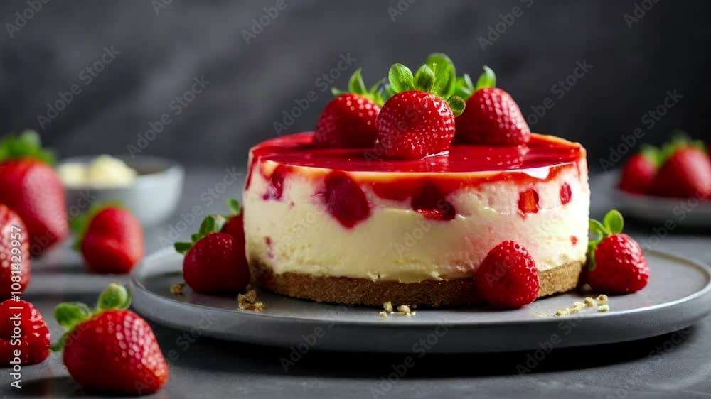 Strawberry cheesecake over a grey granite background Strawberry cheesecake over a grey granite background