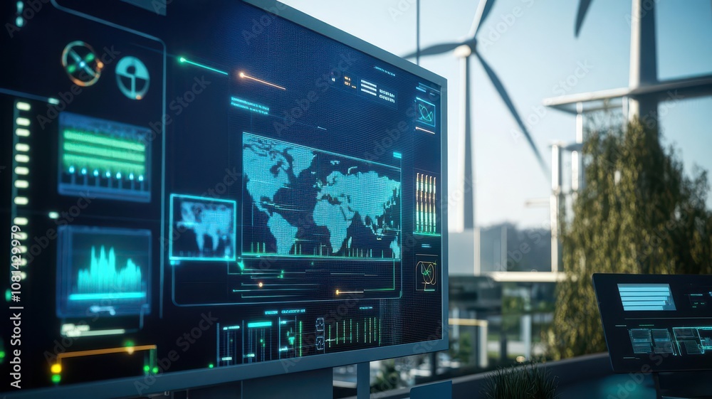 Smart Grids and Sustainable Energy Storage, A virtual screen showing a simulation of a smart grid balancing energy supply from wind, solar, and storage systems for peak efficiency Smart Grids and Sustainable Energy Storage, A virtual screen showing a simulation of a smart grid balancing energy supply from wind, solar, and storage systems for peak efficiency