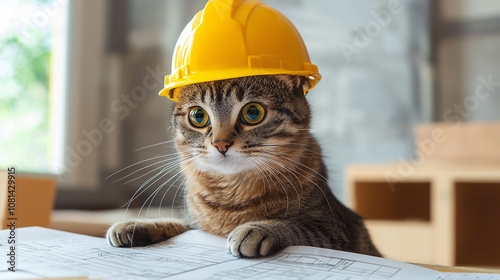 Cat Engineer in Helmet Reviewing Complex Schematics, cat, engineering cat, helmet, construction cat, engineer, blueprint, schematics, cat at work, cute cat, working cat