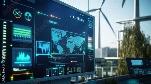 Smart Grids and Sustainable Energy Storage, A virtual screen showing a simulation of a smart grid balancing energy supply from wind, solar, and storage systems for peak efficiency