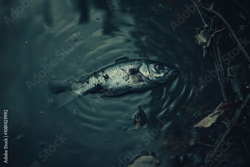 A Mourning Scene: A Single Dead Fish Floating on the Surface of Dark Water Surrounded by Leaves and Ripples in a Gloomy Environment