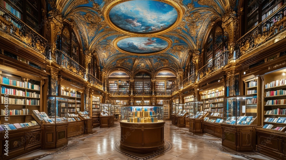 An ornate, grand library with rows of bookshelves and a central display. An ornate, grand library with rows of bookshelves and a central display.
