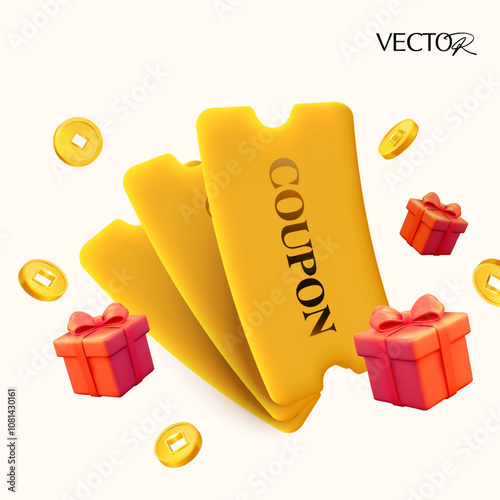 3d stack of golden coupons with flying coins and red gift boxes, isolated on white background. Gift vouchers banner template with coupon code. 3d gift coupon vector. Vector illustration