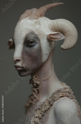 A person with a goat head and horns, looking to the side.