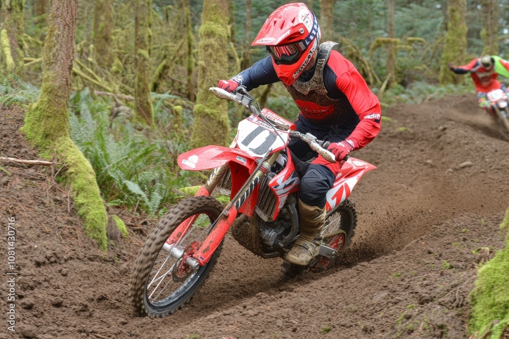 Action-packed motocross rider navigating a dirt trail in a lush forest, showcasing skill and determination on a vibrant red motorcycle amidst nature's beauty. Action-packed motocross rider navigating a dirt trail in a lush forest, showcasing skill and determination on a vibrant red motorcycle amidst nature's beauty.