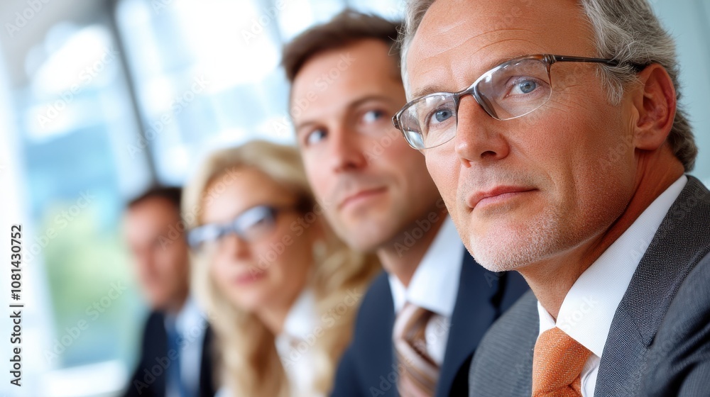 A close-up shot of four business professionals seated in an office, focused and attentive, embodying teamwork and corporate skills in a contemporary setting. A close-up shot of four business professionals seated in an office, focused and attentive, embodying teamwork and corporate skills in a contemporary setting.
