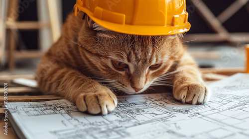 Cat Engineer in Helmet Reviewing Complex Schematics, cat, engineering cat, helmet, construction cat, engineer, blueprint, schematics, cat at work, cute cat, working cat