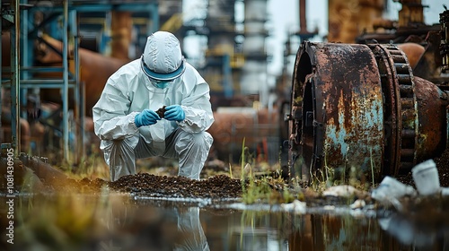 Environmental Scientist Conducting Research in Industrial Oil Field Urban Area Photography Pollution Impact Close-Up Environmental Science