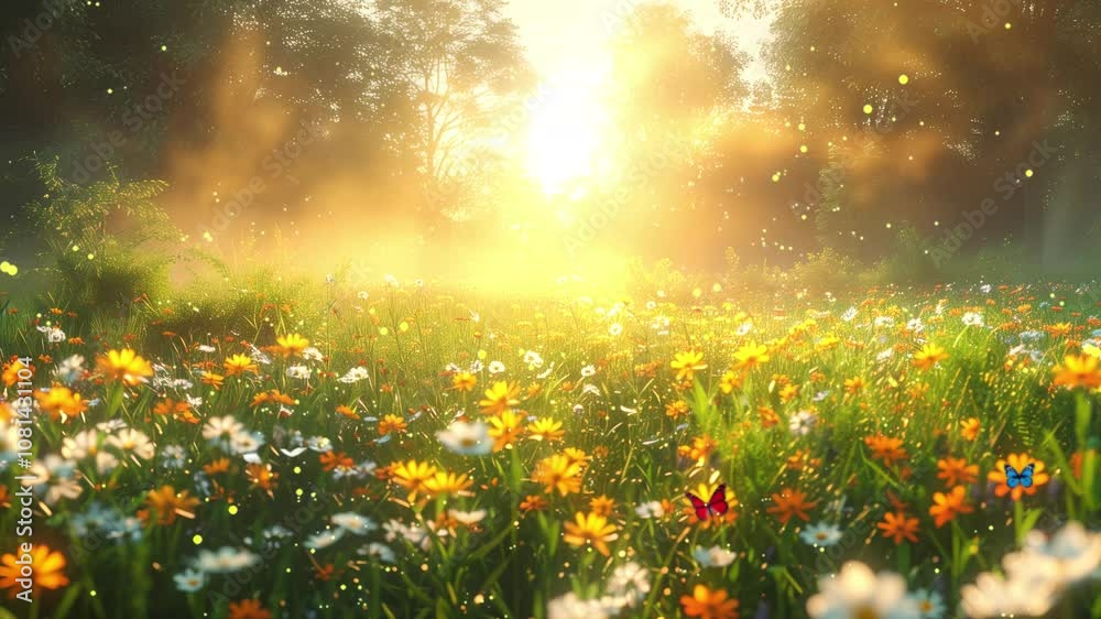 beautiful spring evening with soft light in the meadow nature background seamless looping overlay 4k virtual video animation background