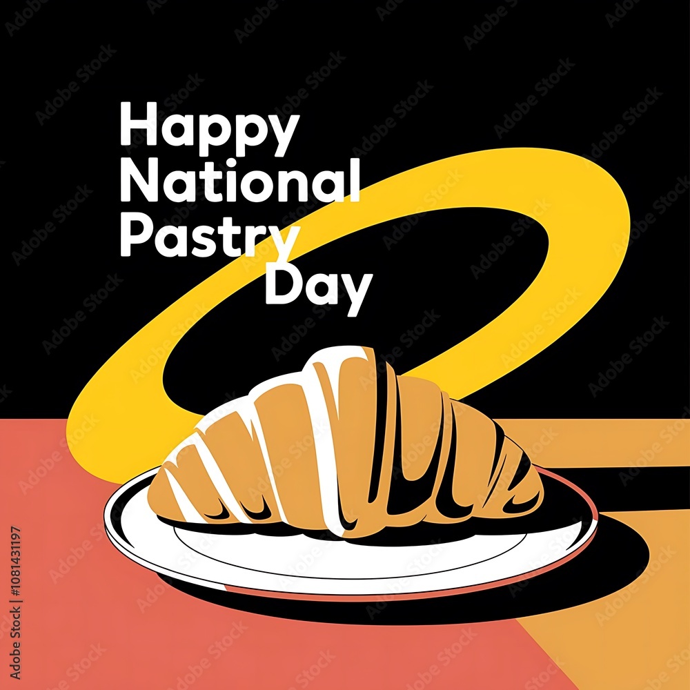 Golden Croissant on White Plate for National Pastry Day with Bold Black Background and Yellow Swoosh Golden Croissant on White Plate for National Pastry Day with Bold Black Background and Yellow Swoosh