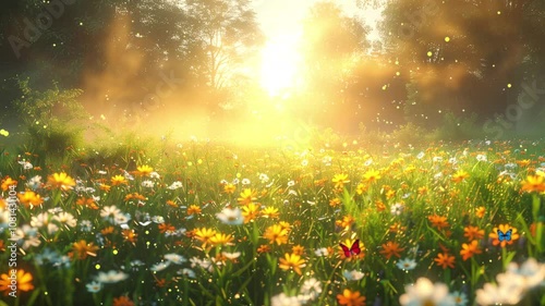 beautiful spring evening with soft light in the meadow nature background seamless looping overlay 4k virtual video animation background