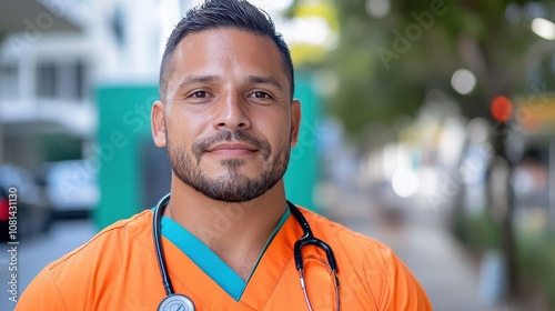 A cheerful male nurse in orange scrubs with a stethoscope, standing outdoors. The image conveys professionalism, approachability, and dedication in healthcare. photo