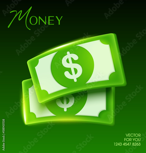 3d couple of dollars or money in green color with dollar sign, isolated on gradient background. 3d dollar money icon vector. . Vector illustration