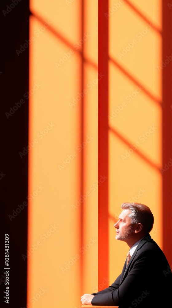 A stylish man in a suit sits in an orange-lit room, gazing out the window with a thoughtful expression. The warm, bold lighting accentuates his expression of contemplation.
