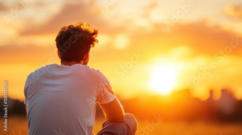 A man sits alone in a vast landscape, contemplating the sunset. The fading light paints the sky with warm hues, reflecting a mood of introspection and peace. photo