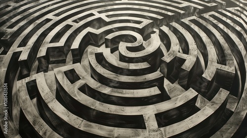 A complex maze with a circular design, seemingly carved into a stone floor. The maze's path is a series of narrow corridors and dead ends that spiral inward.