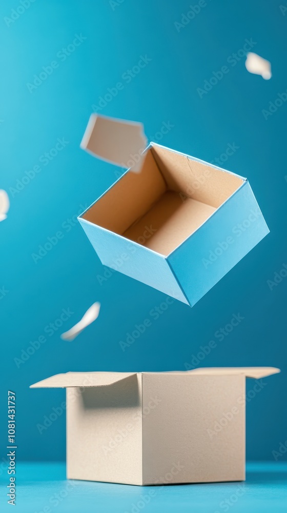 A blue box levitates above a beige open box, suspended midair with its lid ajar, set against a blue background, evoking a sense of curiosity and imagination. A blue box levitates above a beige open box, suspended midair with its lid ajar, set against a blue background, evoking a sense of curiosity and imagination.