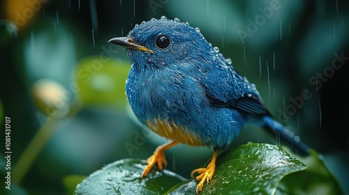 a Purple Honeycreeper perched on a vibrant green leaf, showcasing its deep violet-blue feathers against its sharp black beak and yellow legs. This stunning portrait highlights the honeycreepers small  photo