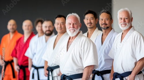 A row of older martial artists in various traditional uniforms and belts, exuding experience and strength, standing confidently together in a bright dojo setting.