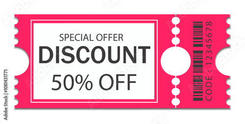 Discount Coupons Ticket. 50 Sale Voucher Coupon. Coupon for web design. Isolated Label on transparent background, Sale banner with discount coupon. Pink Vector gift voucher vector icon Tag
