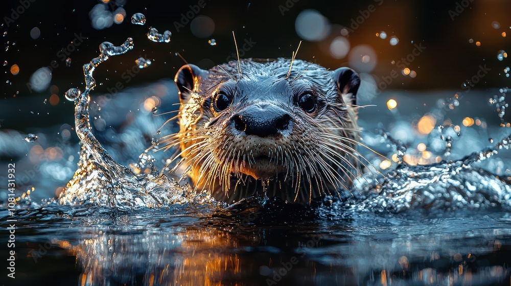 A high-quality action shot of an Amazon Giant River Otter swimming in a river, its sleek, dark fur glistening and droplets frozen in mid-air. The blurred riverbank background adds depth, bringing A high-quality action shot of an Amazon Giant River Otter swimming in a river, its sleek, dark fur glistening and droplets frozen in mid-air. The blurred riverbank background adds depth, bringing