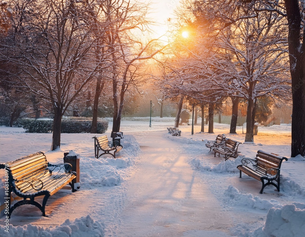 Morning Snow on Park Benches Morning Snow on Park Benches
