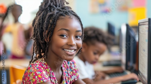 A scene where black teachers and children work together on a computer or tablet, discussing a project or creating a presentation.