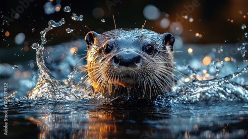 A high-quality action shot of an Amazon Giant River Otter swimming in a river, its sleek, dark fur glistening and droplets frozen in mid-air. The blurred riverbank background adds depth, bringing  photo