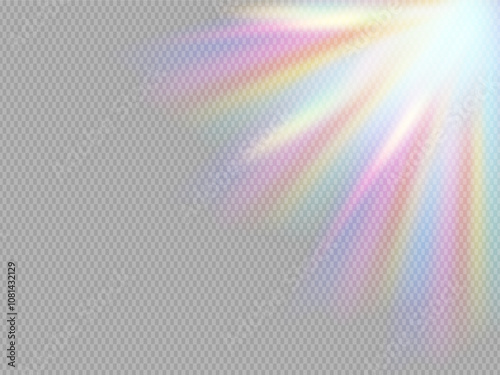 Vector Rainbow Crystal ray Light, Rainbow neon Hologram color. Optical fire light effect. Lens glare leakage glare reflection effect. Sparkle shine Sunlight abstract blurred iridescent light backdrop.