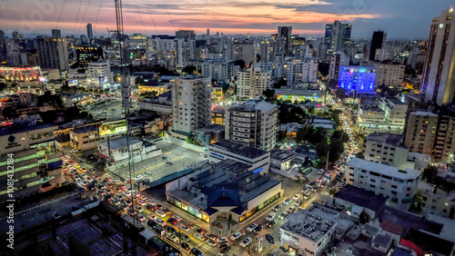 Fototapeta Naklejka Na Ścianę i Meble -  Santo Domingo aerial night view during sunset 