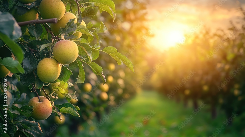 Close-up of ripe apples on a tree branch in an orchard at sunset. Close-up of ripe apples on a tree branch in an orchard at sunset.